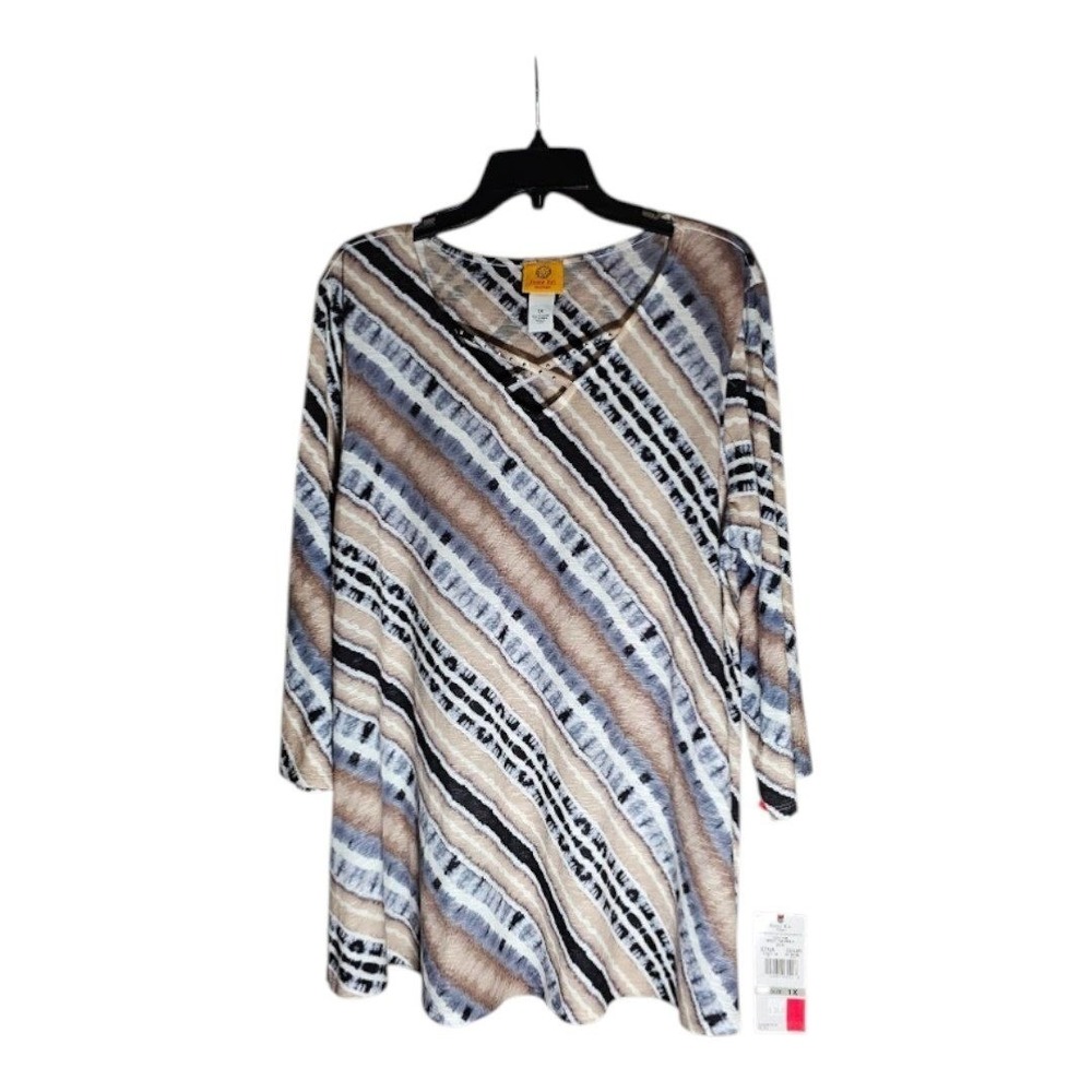 Ruby Rd Tunic Top Women 1X Brown Gray Stripe NWT V-Neck Lattice 3/4 Sleeve